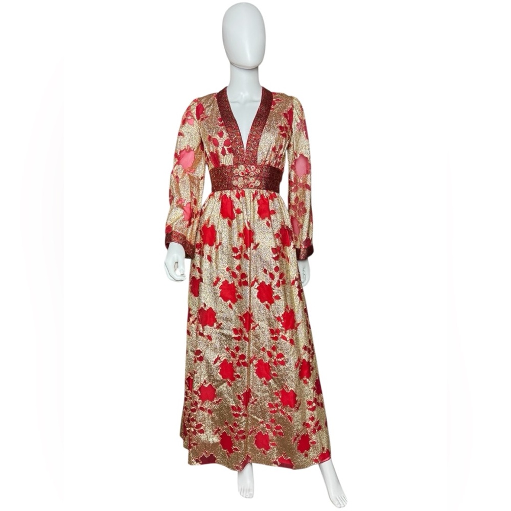 1970s Bill Blass Gold Lame & Red Silk Metallic Dress